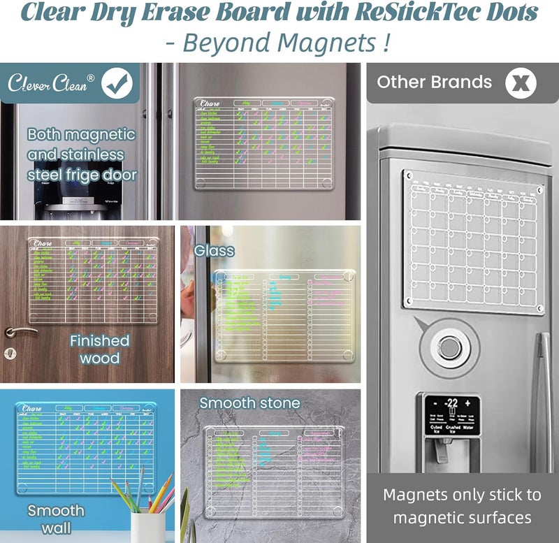 Clever Clean Clear Non-Magnetic Dry Erase List Board and Chore Chart - 13"x8.5" to-do List and Responsibility Chore Board for Kids, Teenagers and Adults - Sticks to Wall, Glass, Door, Any Smooth Surfaces - Image 3